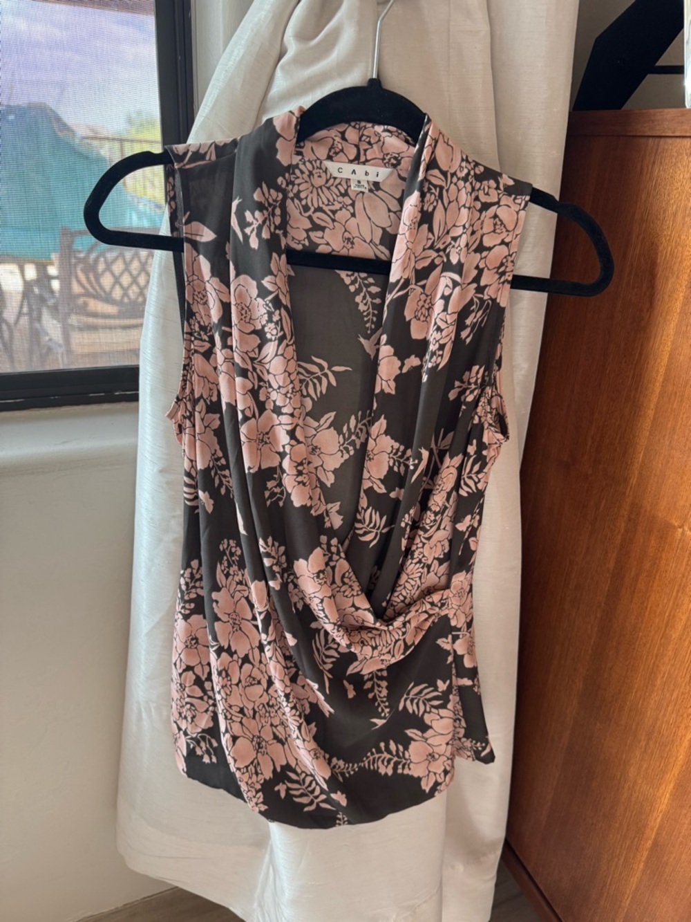 CAbi Pink Floral Drape-Front Sleeveless Top on Brown